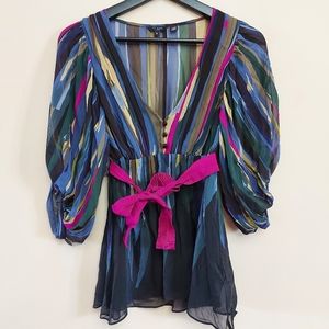 Ted Baker V neck silk sheer blouse with blouson 3/4 sleeve